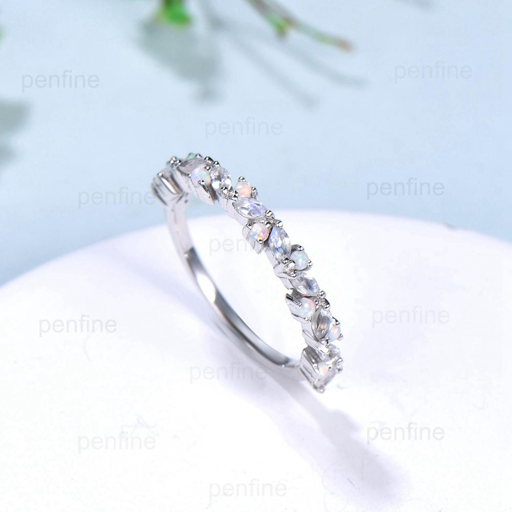 Vintage Marquise Moonstone Opal Wedding Band, 14k Yellow Gold Stacking Ring - PENFINE