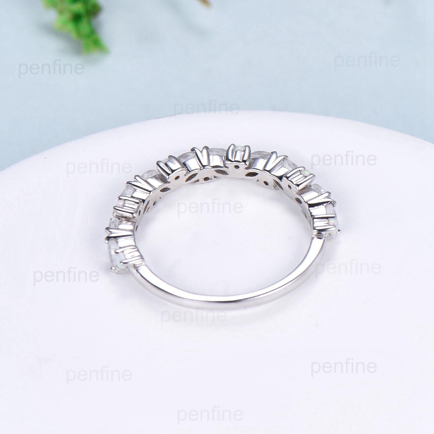 Vintage Marquise Moonstone Opal Wedding Band, 14k Yellow Gold Stacking Ring - PENFINE