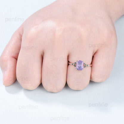 Vintage Emerald Cut Natural Lavender Amethyst Engagement Ring Marquise Cut Moss Agate Ring Silver Rose Gold Retro Anniversary Promise Gift - PENFINE