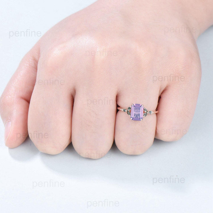 Vintage Emerald Cut Natural Lavender Amethyst Engagement Ring Marquise Cut Moss Agate Ring Silver Rose Gold Retro Anniversary Promise Gift - PENFINE
