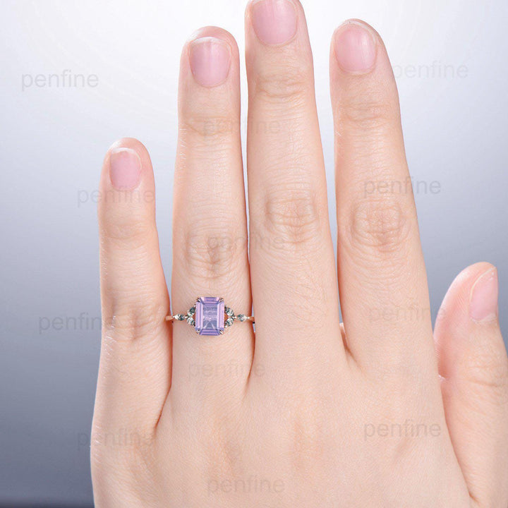 Vintage Emerald Cut Natural Lavender Amethyst Engagement Ring Marquise Cut Moss Agate Ring Silver Rose Gold Retro Anniversary Promise Gift - PENFINE