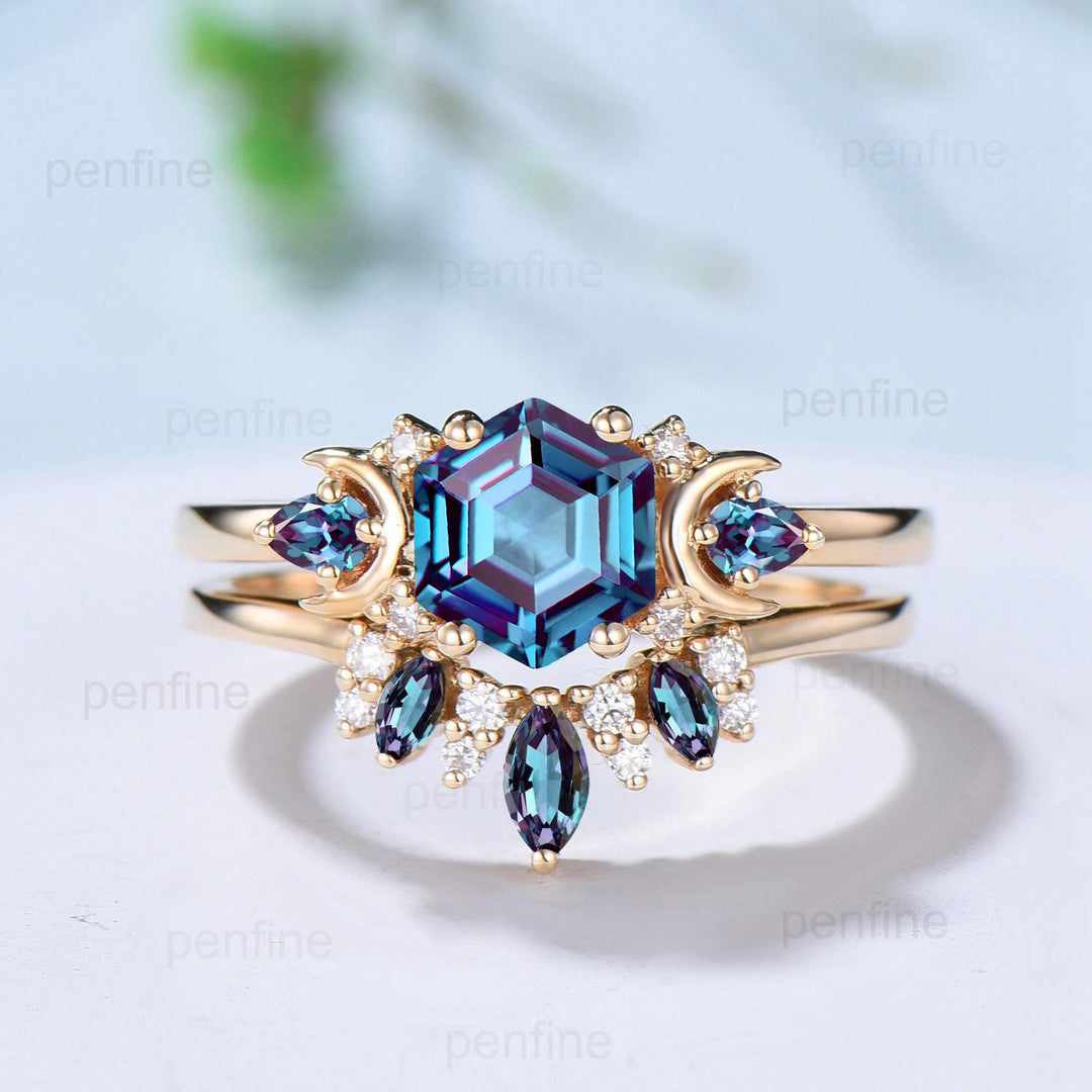 Unique hexagon cut alexandrite engagement ring set 14k yellow gold moon pear color change stone wedding ring Elegant Alexandrite bridal set - PENFINE