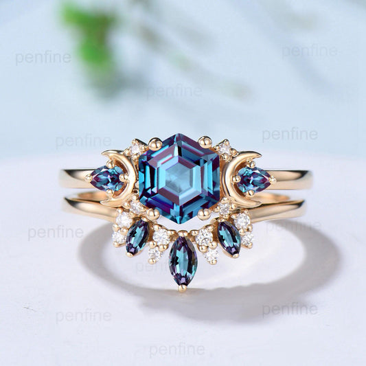 Unique hexagon cut alexandrite engagement ring set 14k yellow gold moon pear color change stone wedding ring Elegant Alexandrite bridal set - PENFINE