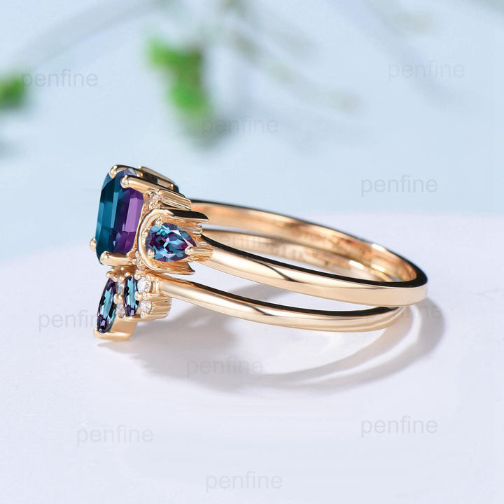 Unique hexagon cut alexandrite engagement ring set 14k yellow gold moon pear color change stone wedding ring Elegant Alexandrite bridal set - PENFINE