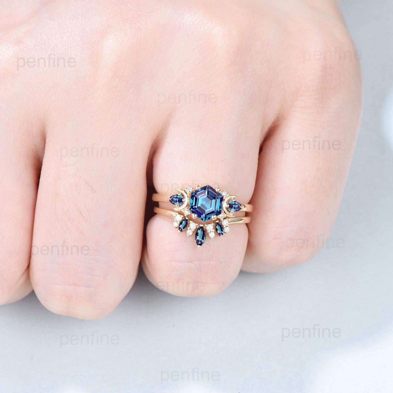 Unique hexagon cut alexandrite engagement ring set 14k yellow gold moon pear color change stone wedding ring Elegant Alexandrite bridal set - PENFINE