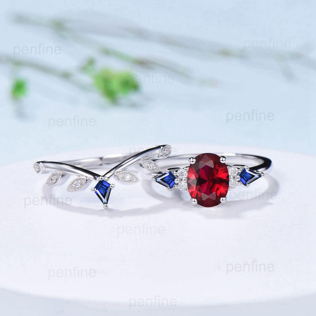 Vintage oval ruby engagement ring set Seven stone kite sapphire red ruby wedding ring set unique July birthstone anniversary promise ring - PENFINE