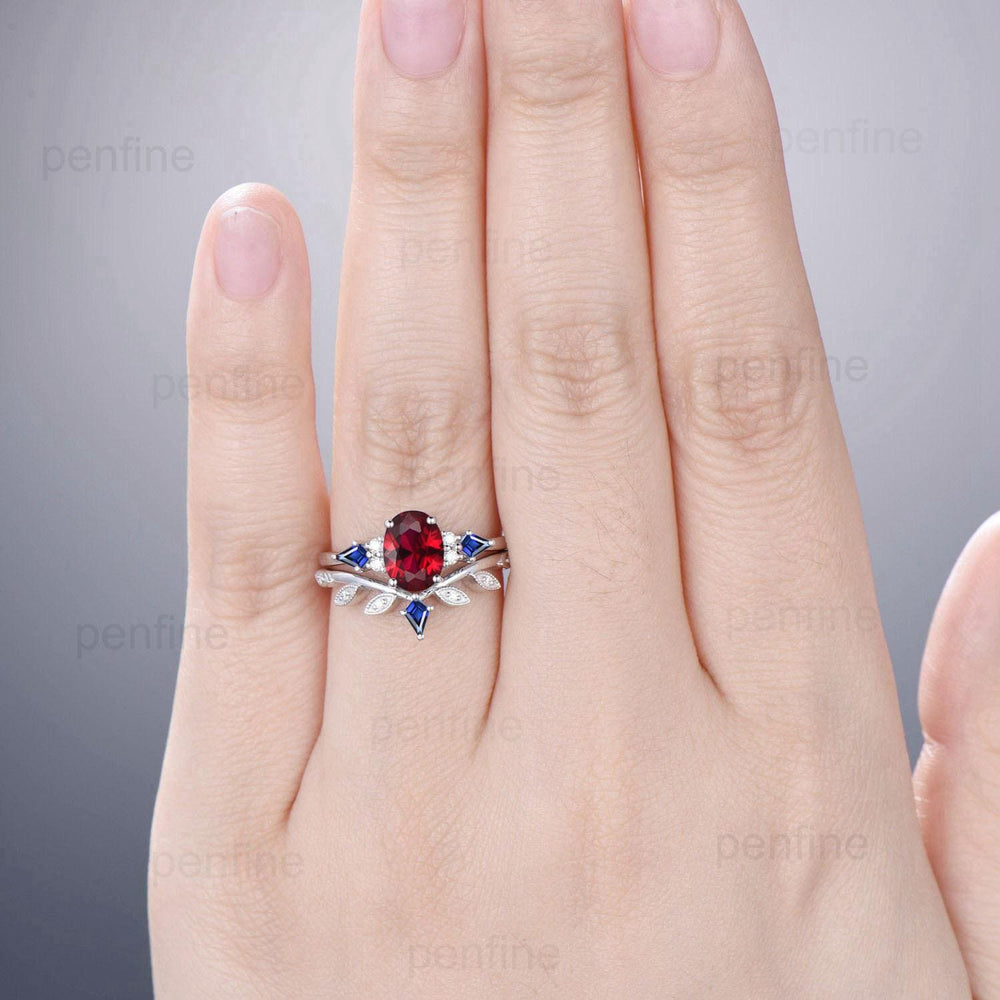 Vintage oval ruby engagement ring set Seven stone kite sapphire red ruby wedding ring set unique July birthstone anniversary promise ring - PENFINE