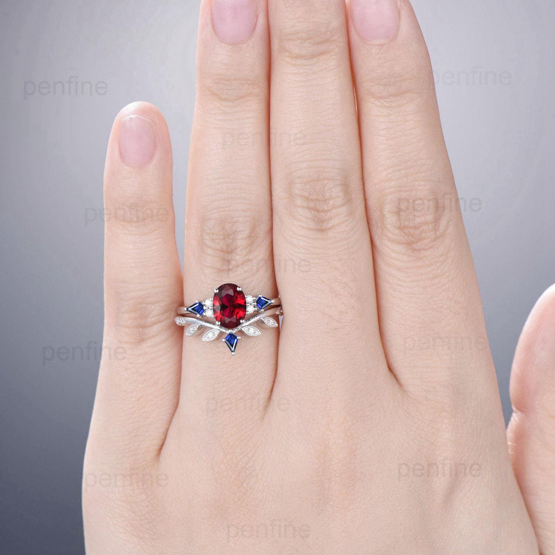 Vintage oval ruby engagement ring set Seven stone kite sapphire red ruby wedding ring set unique July birthstone anniversary promise ring - PENFINE