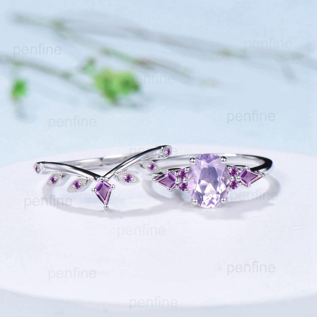 Handmade 14K Gold Lavender Amethyst Ring Set, Vintage Engagement Promise Ring - PENFINE