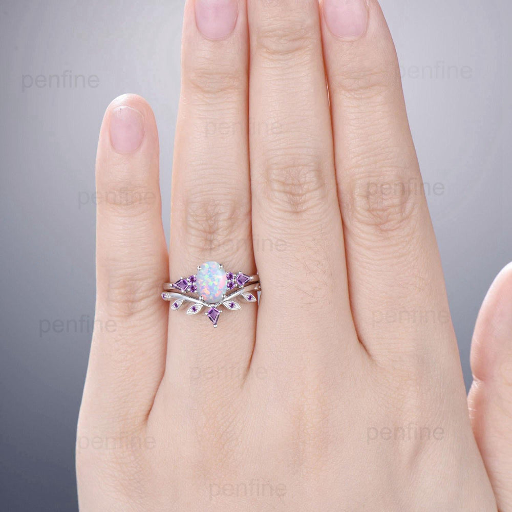 Vintage White Opal Ring Set for Women 1.5CT Oval October Birthstone Promise Engagement Unique Purple Amethyst Birthday Gifts for Daughter - PENFINE