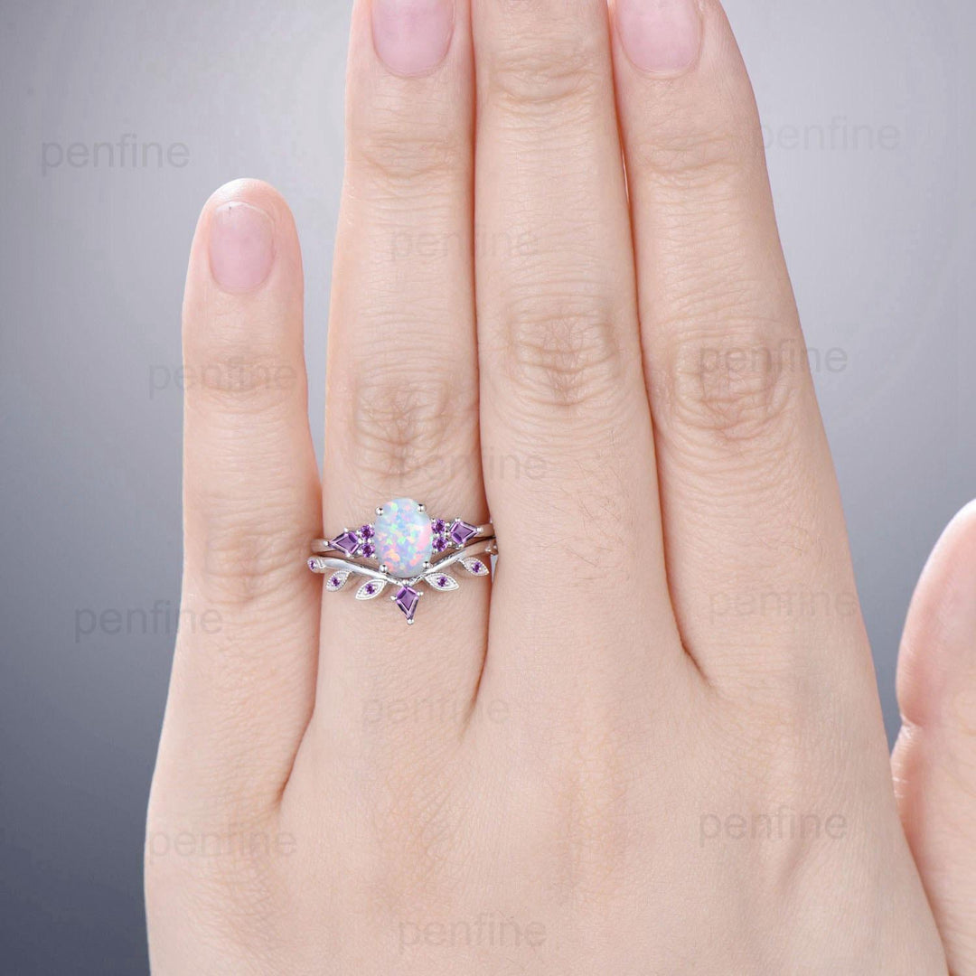 Vintage White Opal Ring Set for Women 1.5CT Oval October Birthstone Promise Engagement Unique Purple Amethyst Birthday Gifts for Daughter - PENFINE