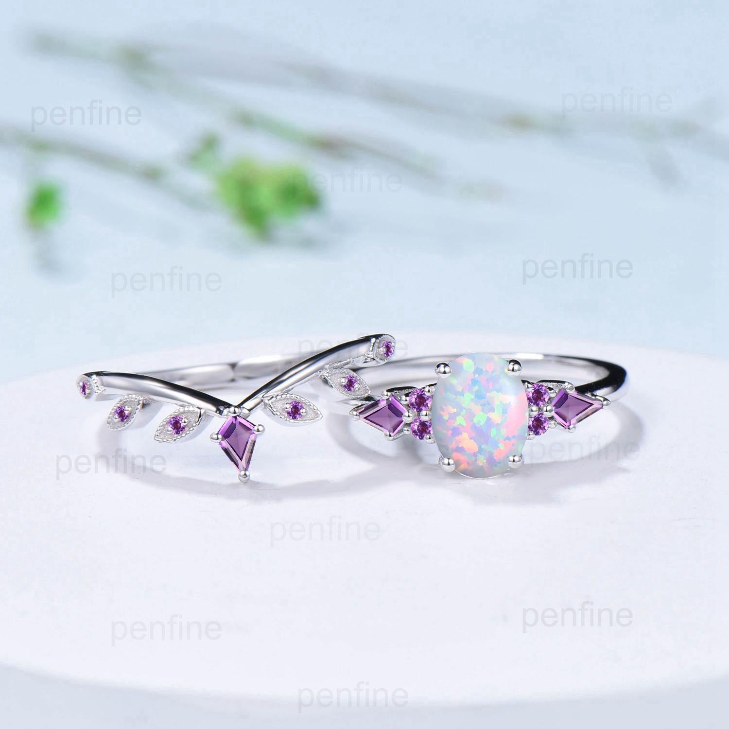 Vintage White Opal Ring Set for Women 1.5CT Oval October Birthstone Promise Engagement Unique Purple Amethyst Birthday Gifts for Daughter - PENFINE