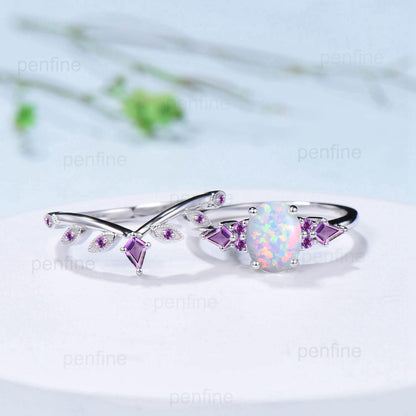 Vintage White Opal Ring Set for Women 1.5CT Oval October Birthstone Promise Engagement Unique Purple Amethyst Birthday Gifts for Daughter - PENFINE