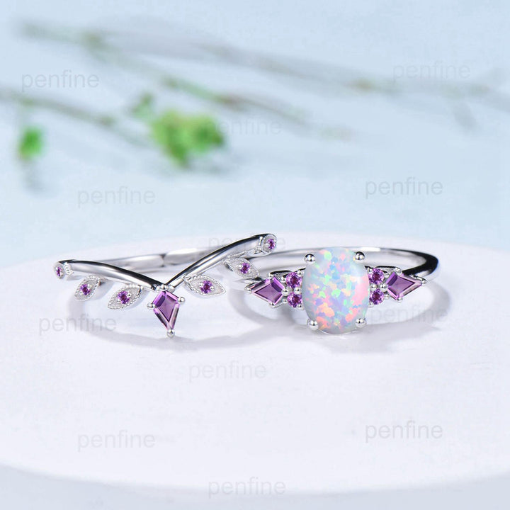 Vintage White Opal Ring Set for Women 1.5CT Oval October Birthstone Promise Engagement Unique Purple Amethyst Birthday Gifts for Daughter - PENFINE