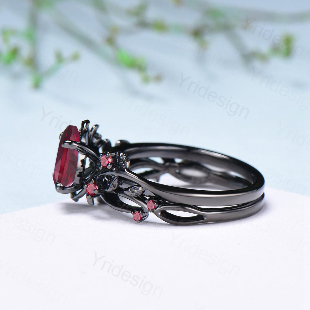 Nature inspired pear shaped ruby ring set black gold branch lab ruby engagement ring unique July birthstone twig vine wedding ring set women - PENFINE