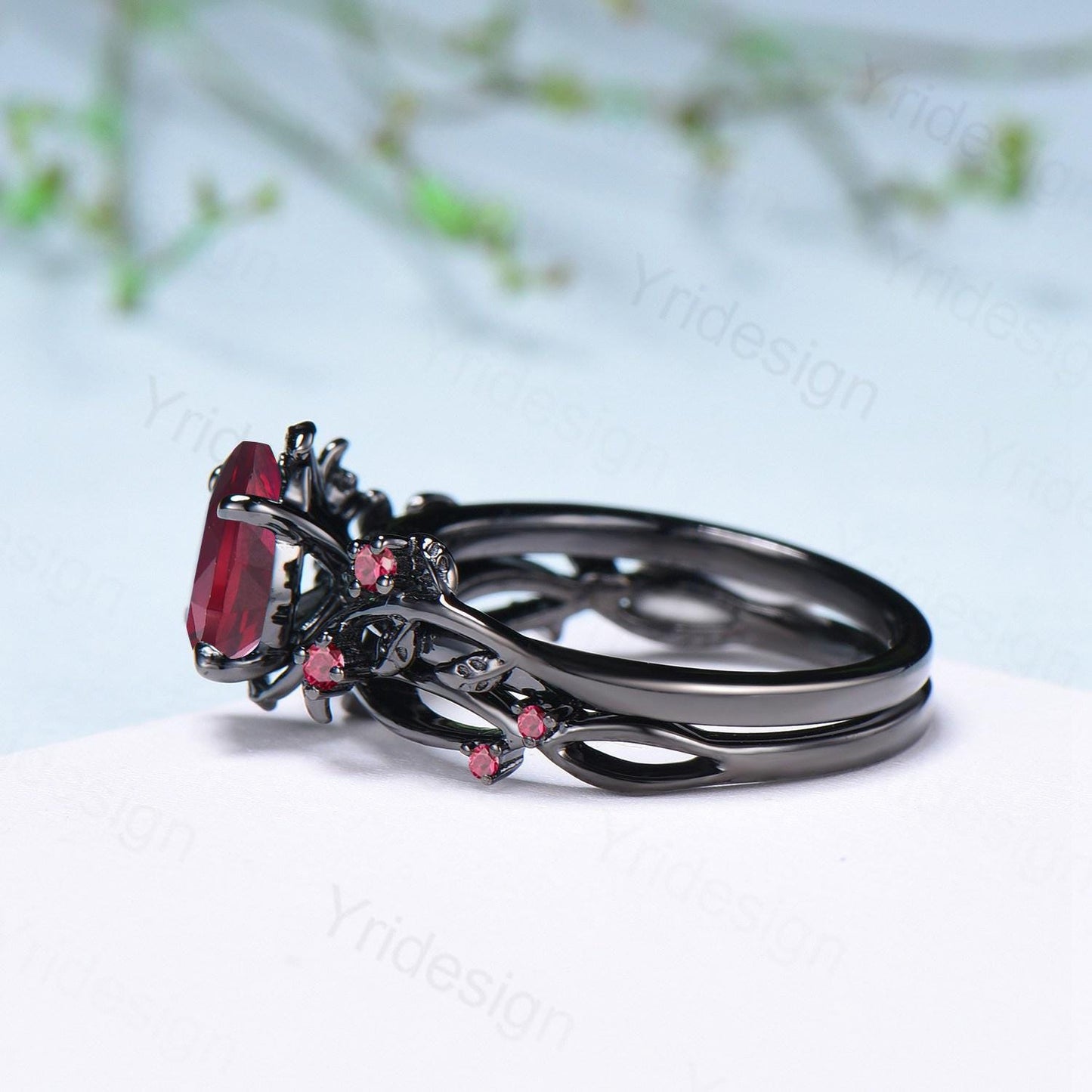 Nature inspired pear shaped ruby ring set black gold branch lab ruby engagement ring unique July birthstone twig vine wedding ring set women - PENFINE