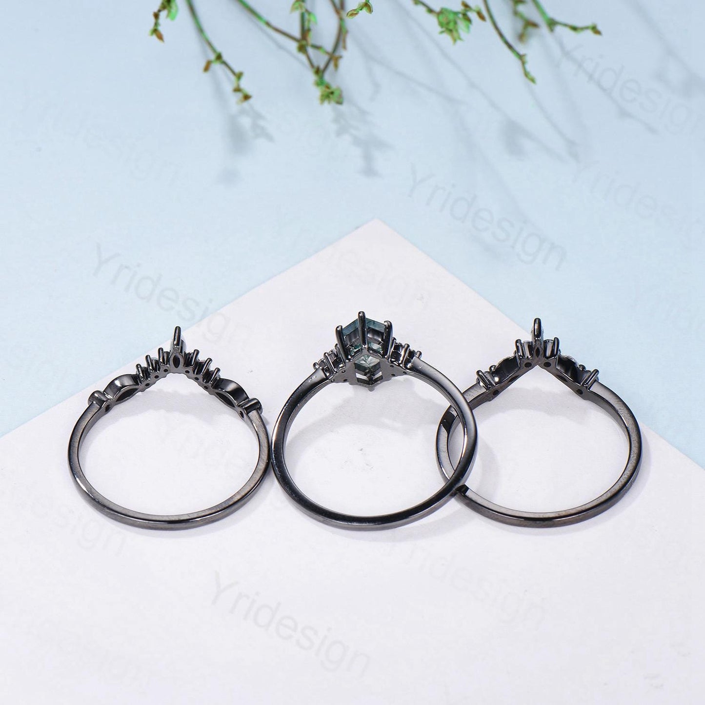 Three Stone Black Gold Alexandrite Wedding Ring Set Unique Long Hexagon Alexandrite Trillion Opal Gothic Engagement Ring Sapphire Opal Band - PENFINE