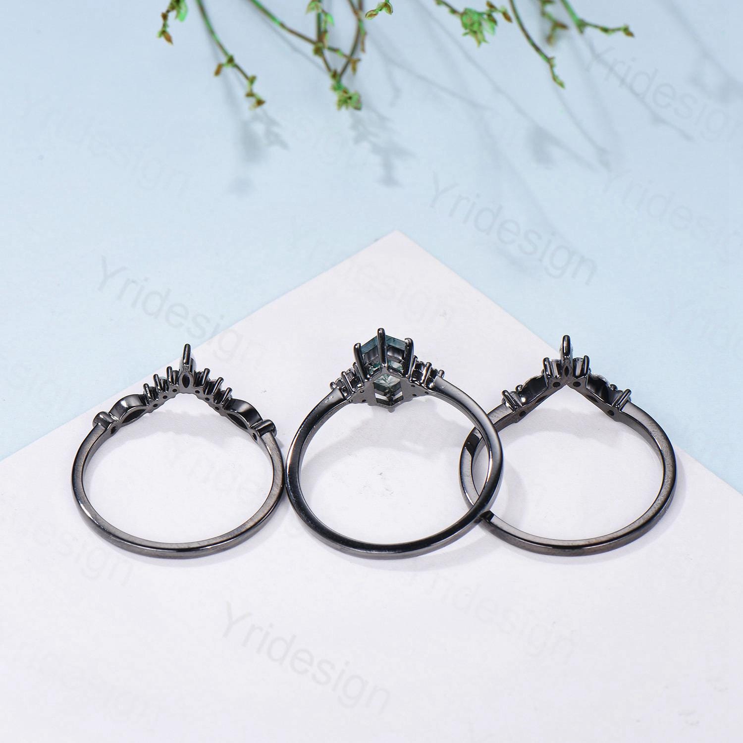 Three Stone Black Gold Alexandrite Wedding Ring Set Unique Long Hexagon Alexandrite Trillion Opal Gothic Engagement Ring Sapphire Opal Band - PENFINE