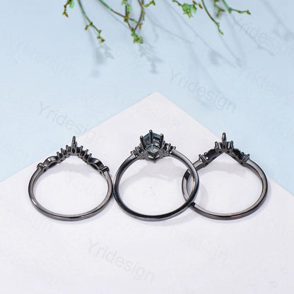 Three Stone Black Gold Alexandrite Wedding Ring Set Unique Long Hexagon Alexandrite Trillion Opal Gothic Engagement Ring Sapphire Opal Band - PENFINE
