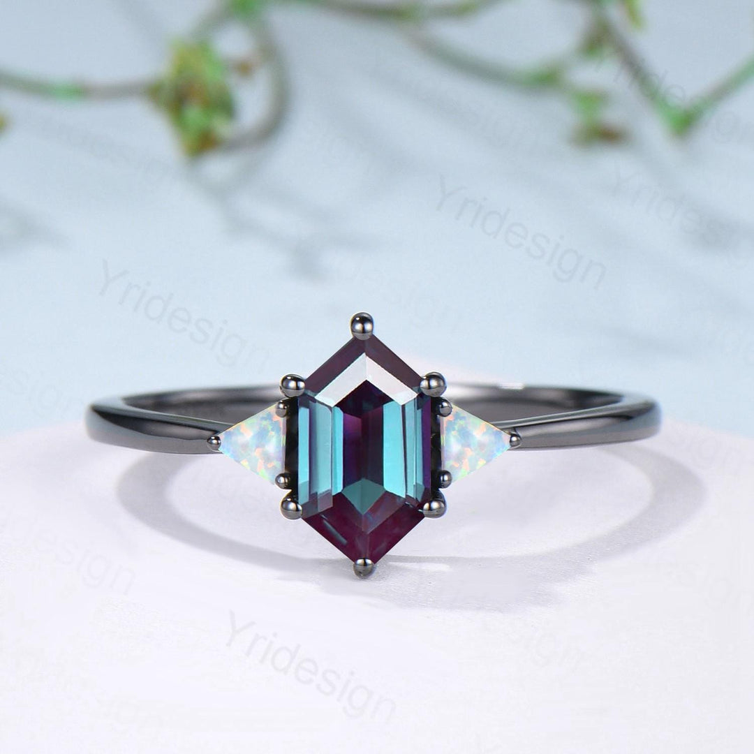 Three Stone Black Gold Alexandrite Wedding Ring Set Unique Long Hexagon Alexandrite Trillion Opal Gothic Engagement Ring Sapphire Opal Band - PENFINE