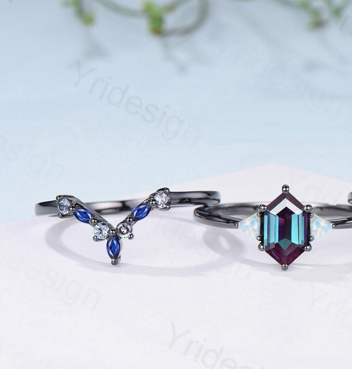 Three Stone Black Gold Alexandrite Wedding Ring Set Unique Long Hexagon Alexandrite Trillion Opal Gothic Engagement Ring Sapphire Opal Band - PENFINE