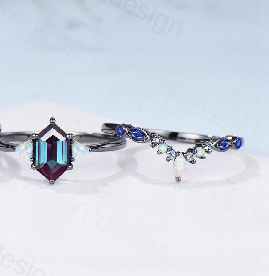 Three Stone Black Gold Alexandrite Wedding Ring Set Unique Long Hexagon Alexandrite Trillion Opal Gothic Engagement Ring Sapphire Opal Band - PENFINE