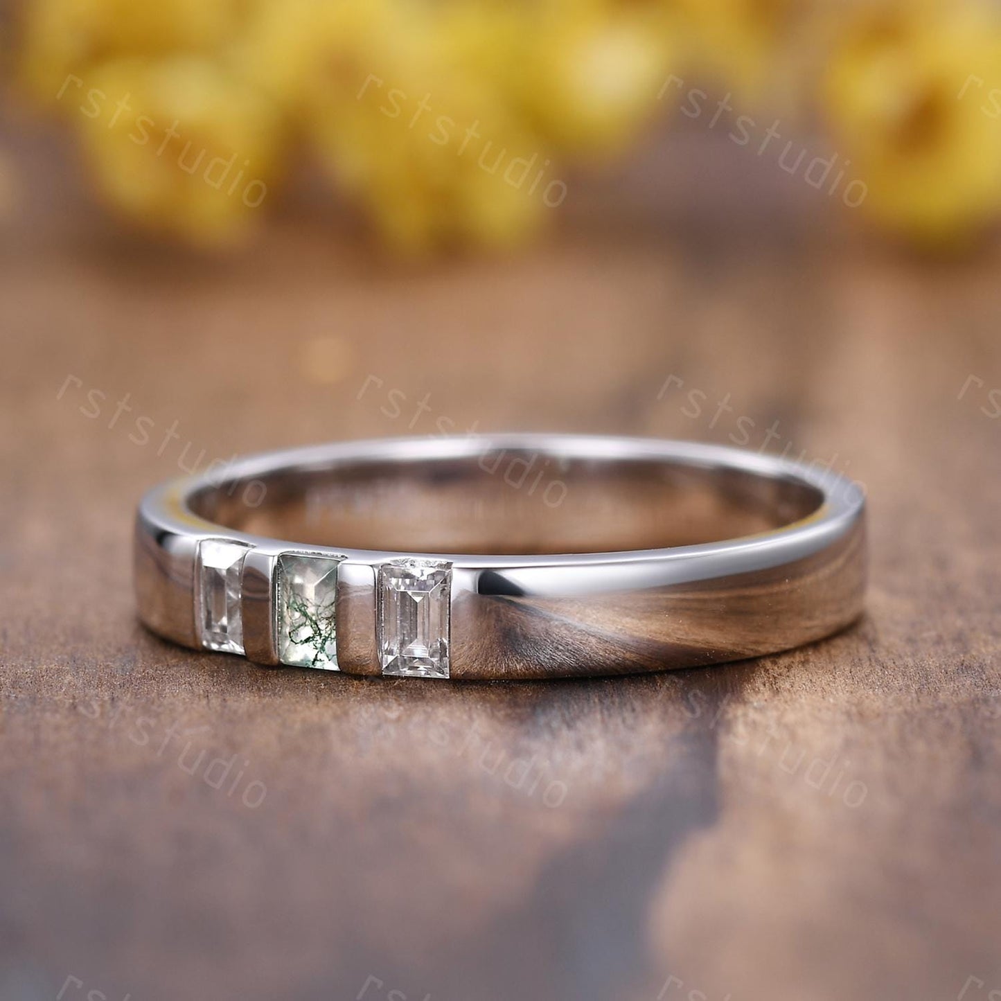Mens Moss Agate Wedding Band: Baguette Green Agate, Moissanite, 3mm White Gold