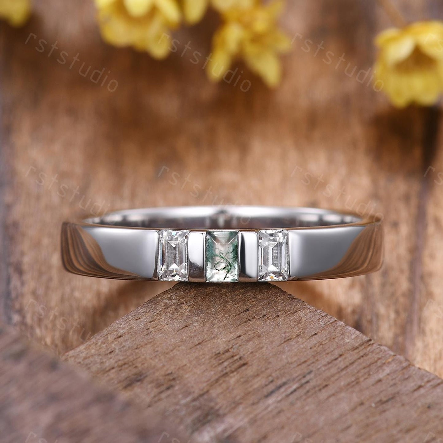 Mens Moss Agate Wedding Band: Baguette Green Agate, Moissanite, 3mm White Gold