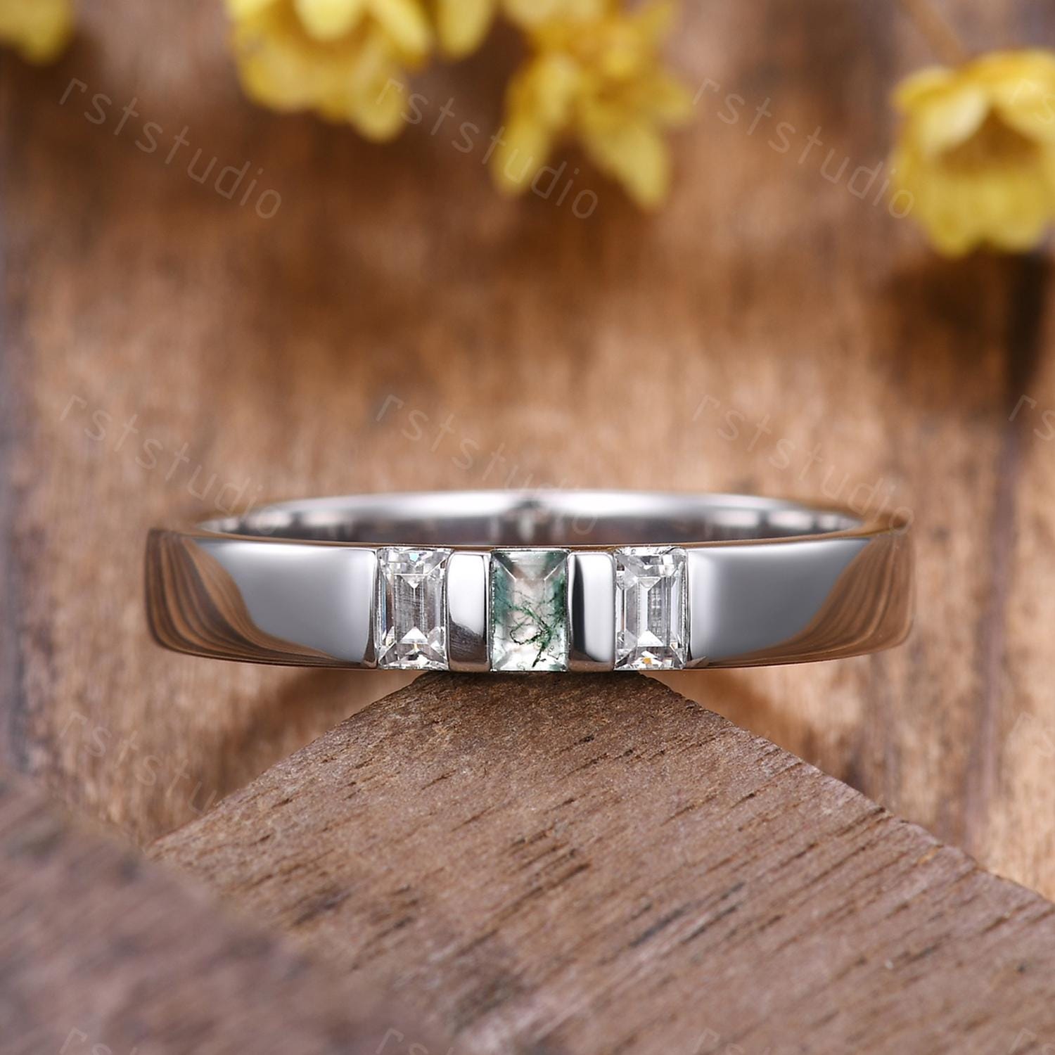 Mens Moss Agate Wedding Band: Baguette Green Agate, Moissanite, 3mm White Gold