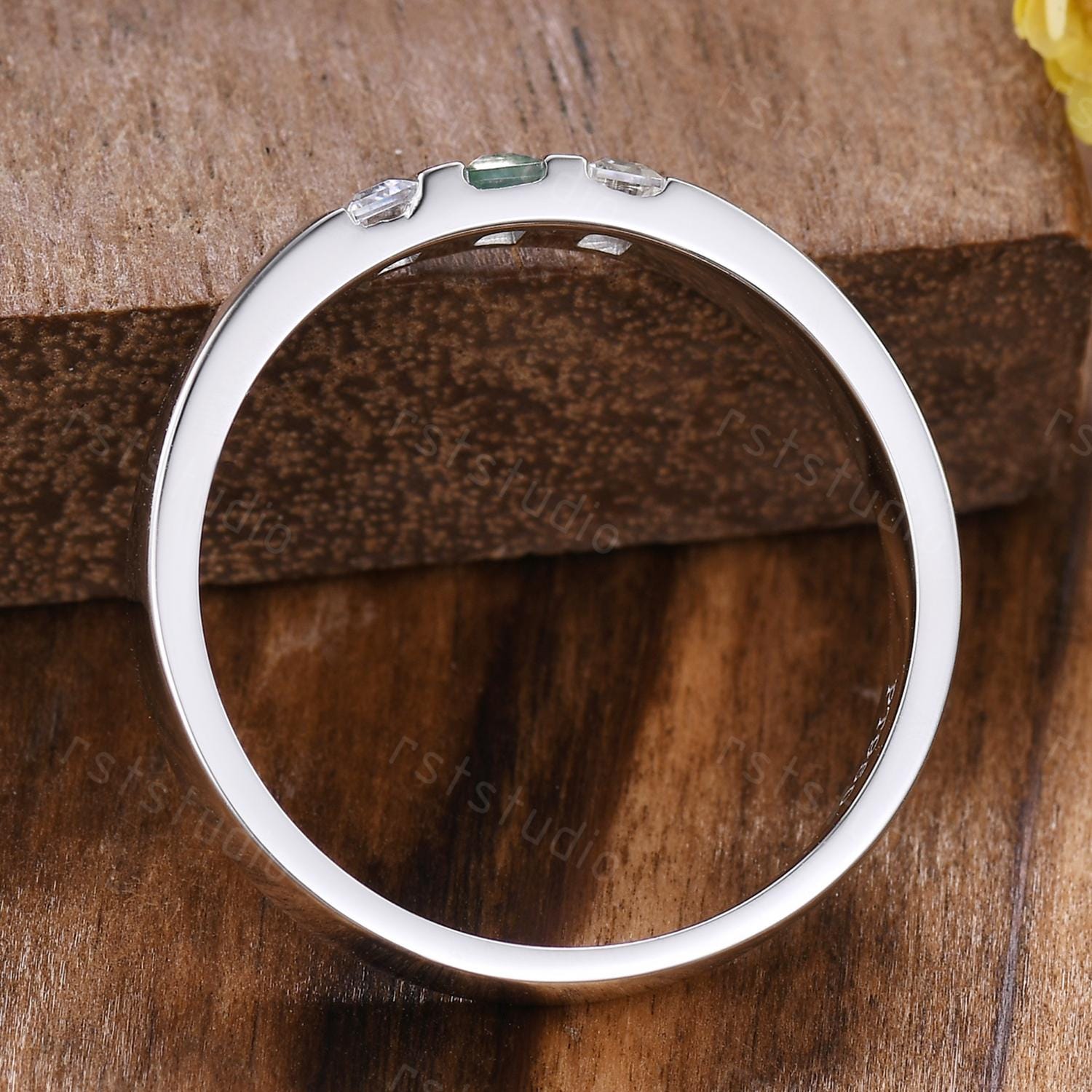 Mens Moss Agate Wedding Band: Baguette Green Agate, Moissanite, 3mm White Gold