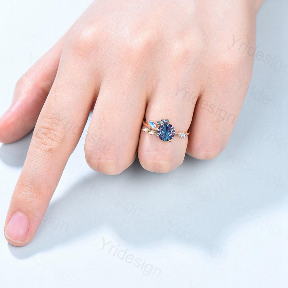 Unique fireworks cut alexandrite engagement ring branch leaves vine marquise moonstone wedding ring cluster June birthstone anniversary gift - PENFINE