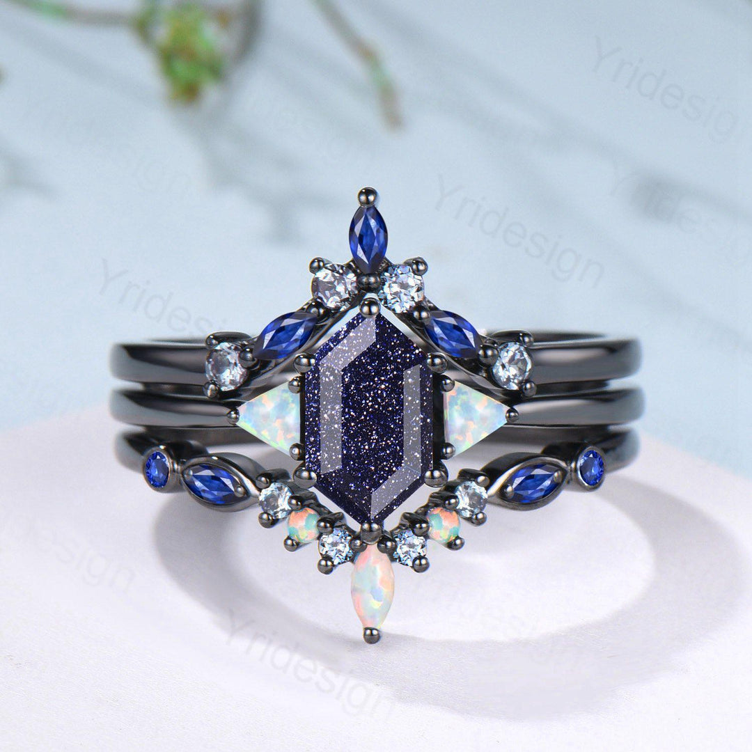 Black Gold Blue Sandstone Engagement Ring Set Unique Long Hexagon Galaxy Goldstone Three Stone Trillion Opal Gothic Sapphire Opal Bridal Set - PENFINE