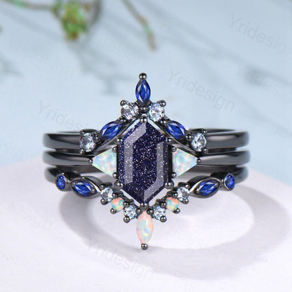 Black Gold Blue Sandstone Engagement Ring Set Unique Long Hexagon Galaxy Goldstone Three Stone Trillion Opal Gothic Sapphire Opal Bridal Set - PENFINE