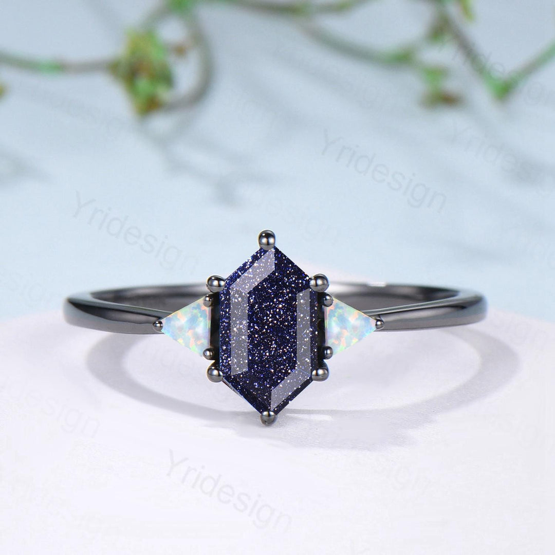 Black Gold Blue Sandstone Engagement Ring Set Unique Long Hexagon Galaxy Goldstone Three Stone Trillion Opal Gothic Sapphire Opal Bridal Set - PENFINE