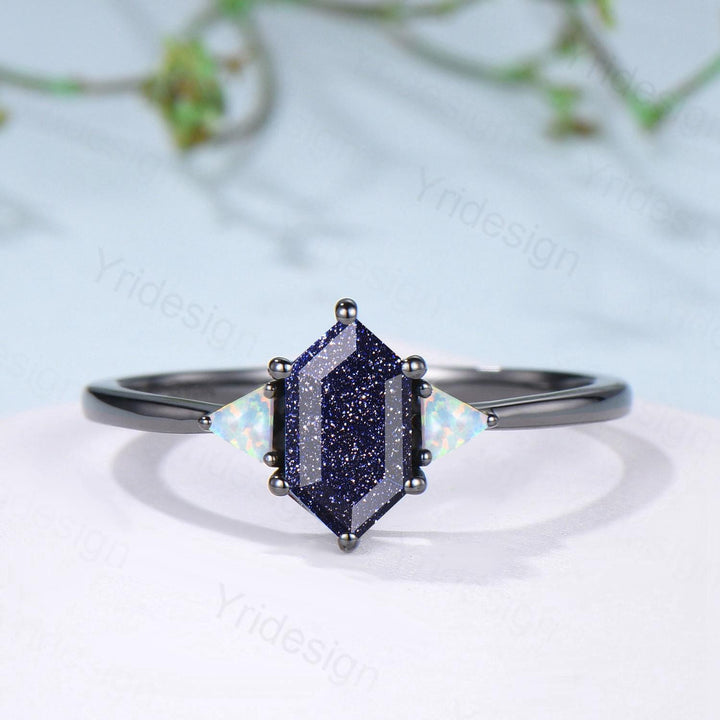 Black Gold Blue Sandstone Engagement Ring Set Unique Long Hexagon Galaxy Goldstone Three Stone Trillion Opal Gothic Sapphire Opal Bridal Set - PENFINE