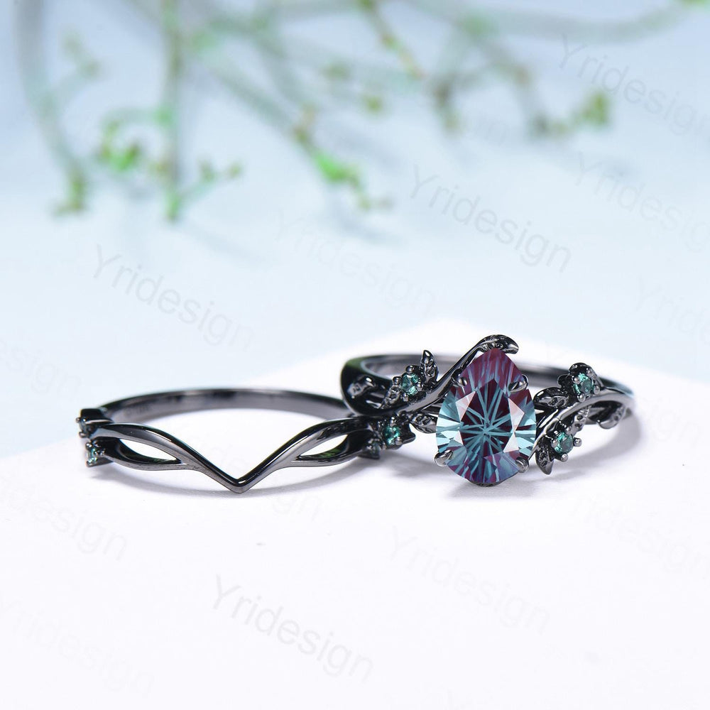 Twig Vine Fireworks Cut Alexandrite Ring Set Unique Black Gold Nature Inspired Engagement Ring Cluster Emerald Five Stone Wedding Bridal Set - PENFINE