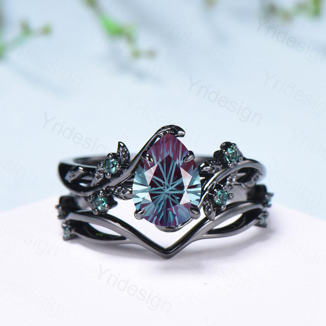 Twig Vine Fireworks Cut Alexandrite Ring Set Unique Black Gold Nature Inspired Engagement Ring Cluster Emerald Five Stone Wedding Bridal Set - PENFINE