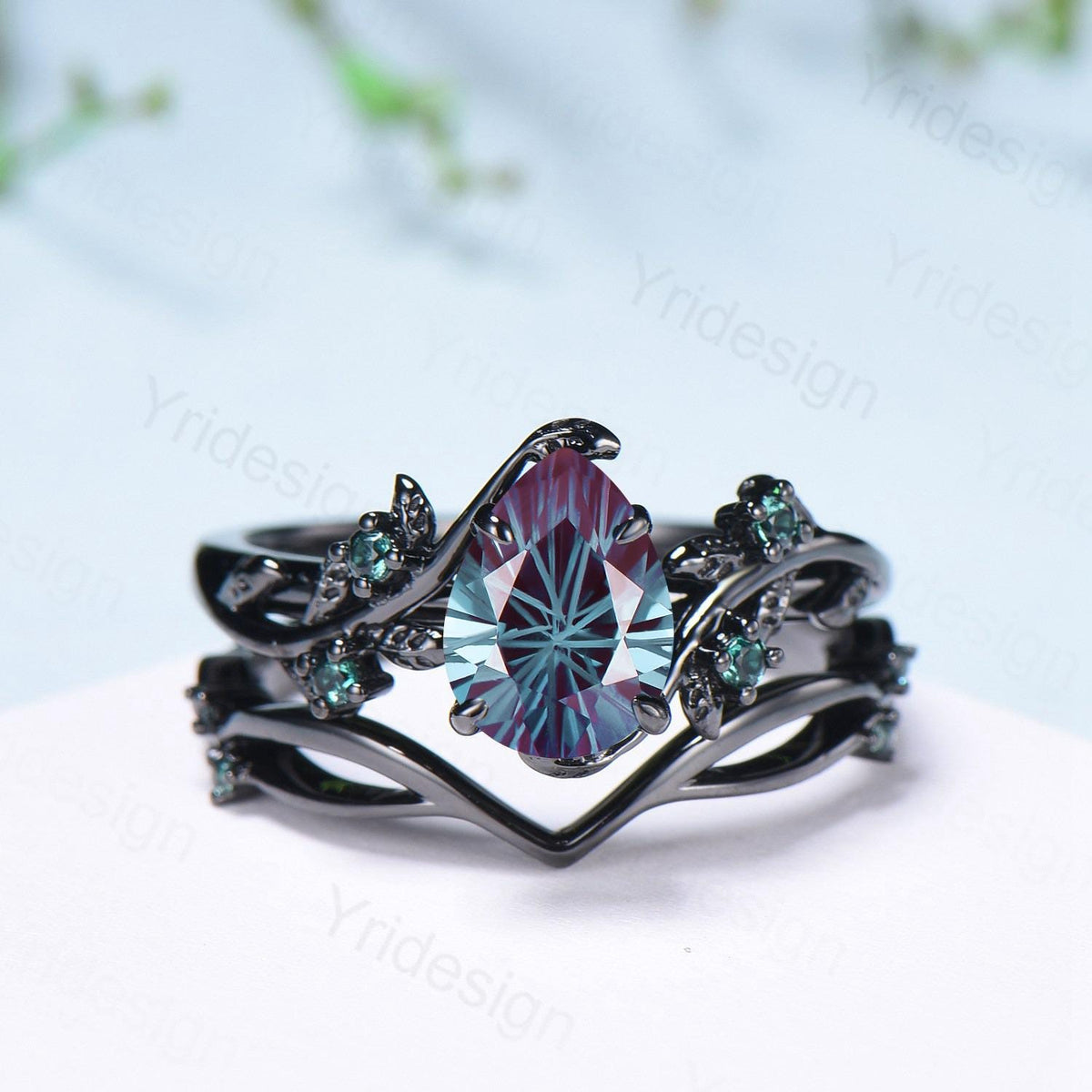 Twig Vine Fireworks Cut Alexandrite Ring Set Unique Black Gold Nature Inspired Engagement Ring Cluster Emerald Five Stone Wedding Bridal Set - PENFINE