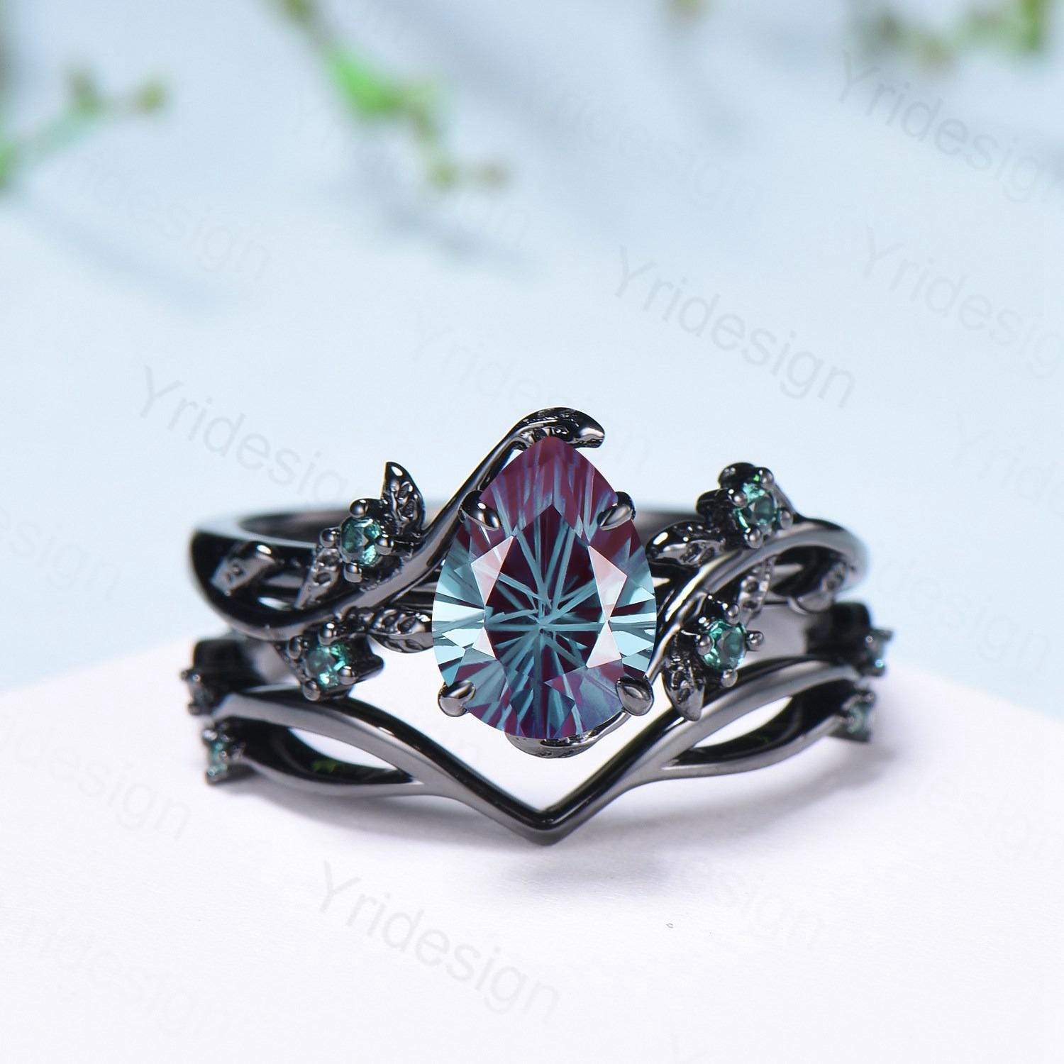 Twig Vine Fireworks Cut Alexandrite Ring Set Unique Black Gold Nature Inspired Engagement Ring Cluster Emerald Five Stone Wedding Bridal Set - PENFINE