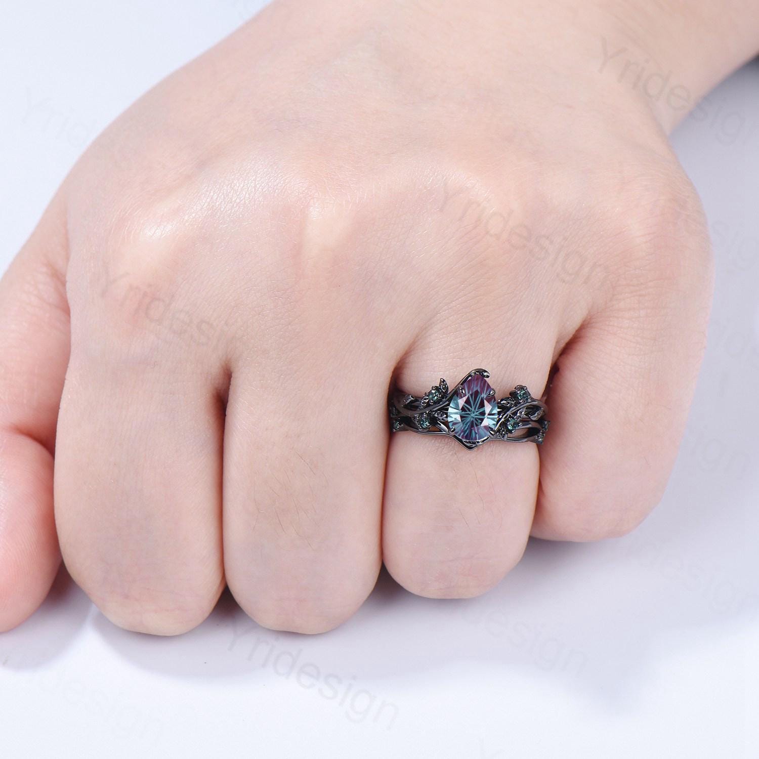 Twig Vine Fireworks Cut Alexandrite Ring Set Unique Black Gold Nature Inspired Engagement Ring Cluster Emerald Five Stone Wedding Bridal Set - PENFINE