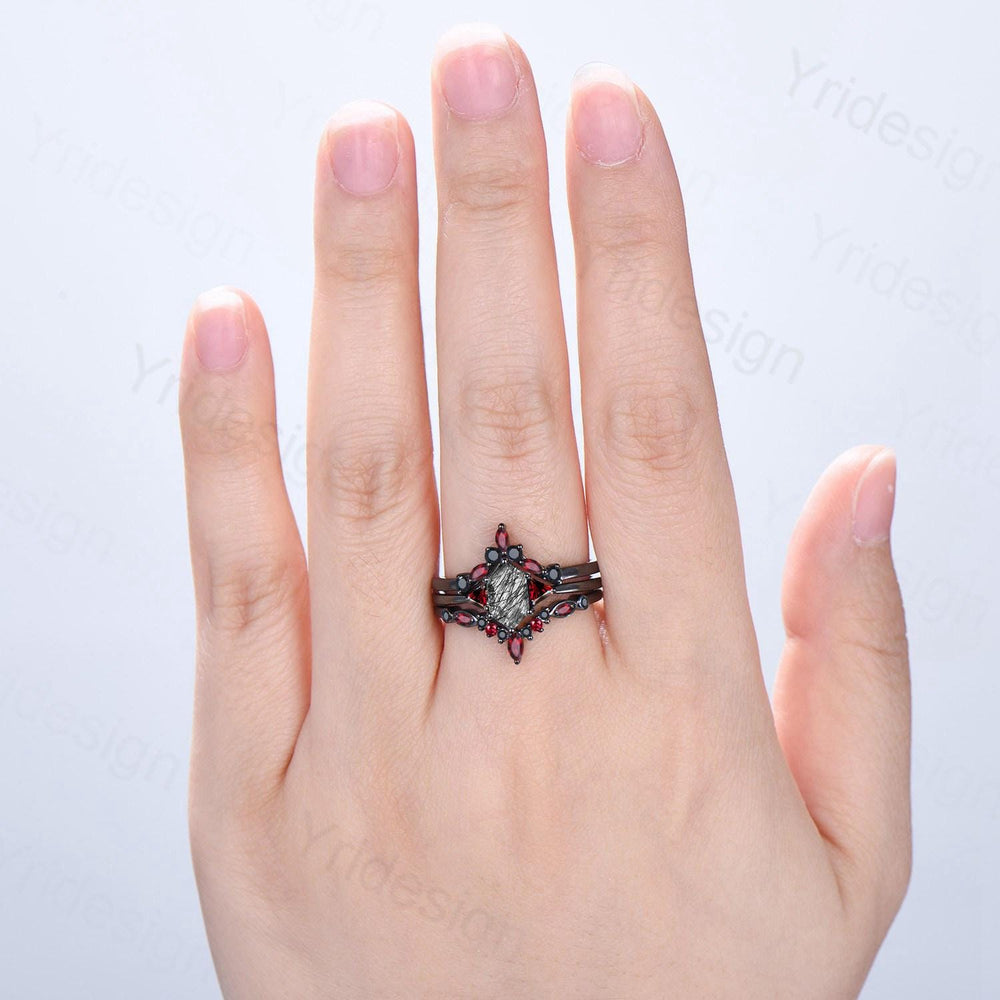 Three Stone Black Gold Rutilated Quartz Wedding Ring Set Unique Long Hexagon Black Tourmaline Trillion Garnet Spinel Gothic Engagement Ring - PENFINE