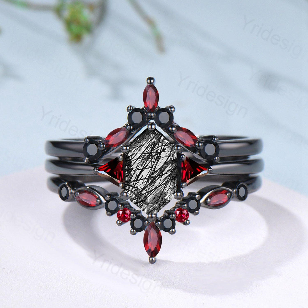 Three Stone Black Gold Rutilated Quartz Wedding Ring Set Unique Long Hexagon Black Tourmaline Trillion Garnet Spinel Gothic Engagement Ring - PENFINE