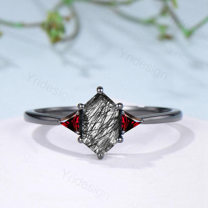Three Stone Black Gold Rutilated Quartz Wedding Ring Set Unique Long Hexagon Black Tourmaline Trillion Garnet Spinel Gothic Engagement Ring - PENFINE