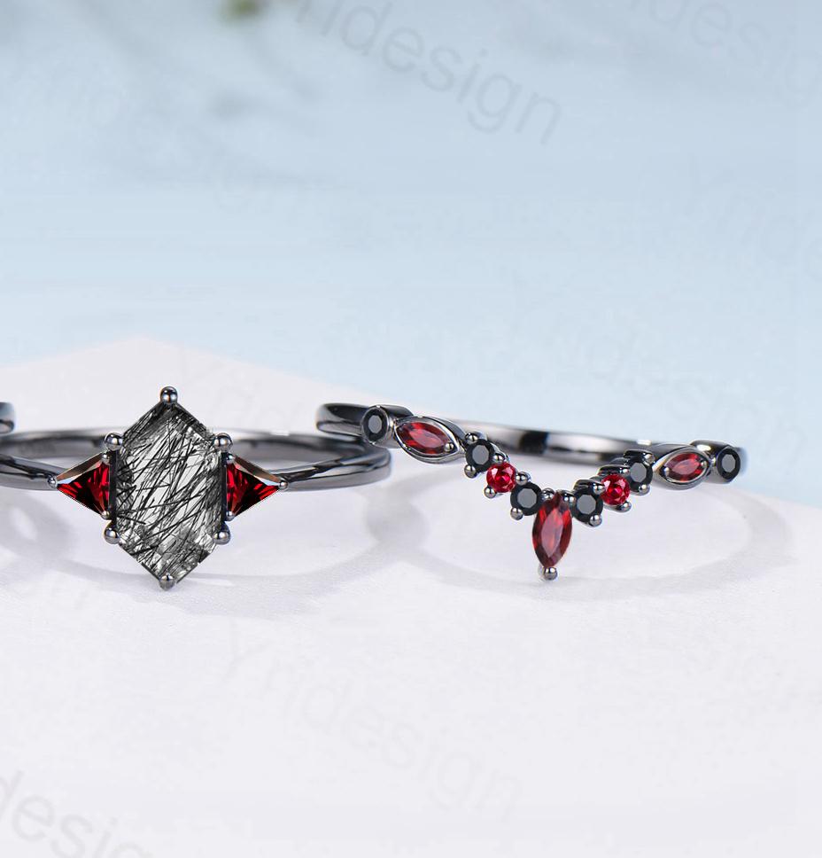 Three Stone Black Gold Rutilated Quartz Wedding Ring Set Unique Long Hexagon Black Tourmaline Trillion Garnet Spinel Gothic Engagement Ring - PENFINE