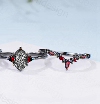 Three Stone Black Gold Rutilated Quartz Wedding Ring Set Unique Long Hexagon Black Tourmaline Trillion Garnet Spinel Gothic Engagement Ring - PENFINE