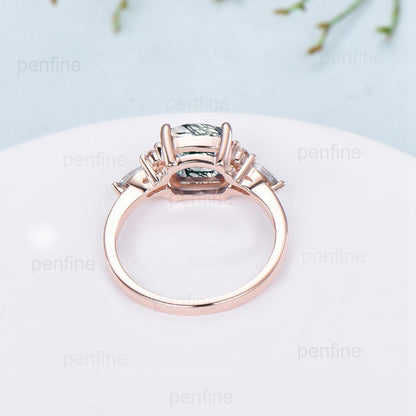 Vintage Cushion Natural Moss Agate Ring Dainty Cluster Emerald Marquise Engagement Ring Unique Art Deco Seven Stone Promise Anniversary Gift - PENFINE