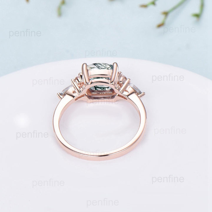 Vintage Cushion Natural Moss Agate Ring Dainty Cluster Emerald Marquise Engagement Ring Unique Art Deco Seven Stone Promise Anniversary Gift - PENFINE