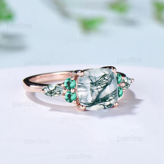 Vintage Cushion Natural Moss Agate Ring Dainty Cluster Emerald Marquise Engagement Ring Unique Art Deco Seven Stone Promise Anniversary Gift - PENFINE