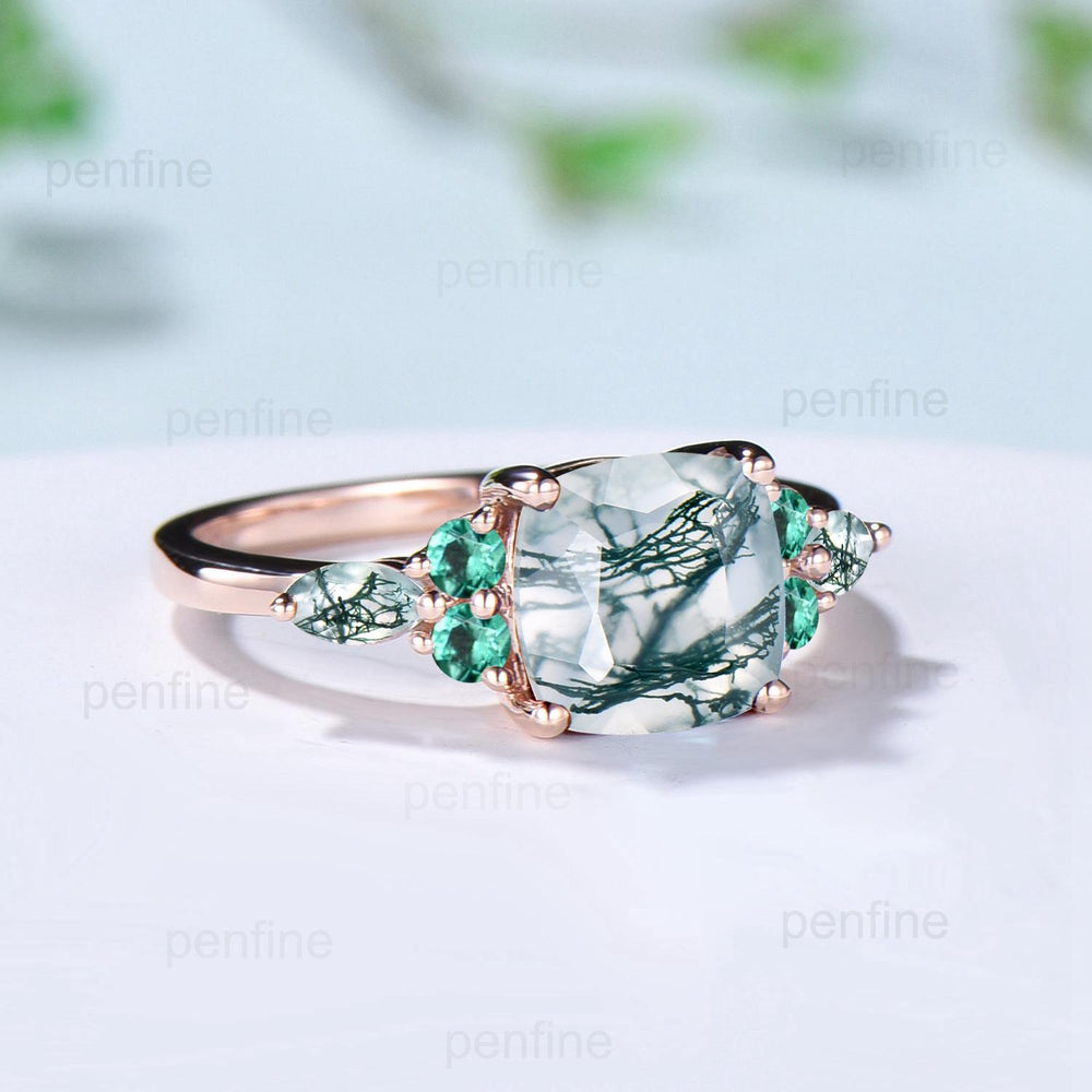 Vintage Cushion Natural Moss Agate Ring Dainty Cluster Emerald Marquise Engagement Ring Unique Art Deco Seven Stone Promise Anniversary Gift - PENFINE