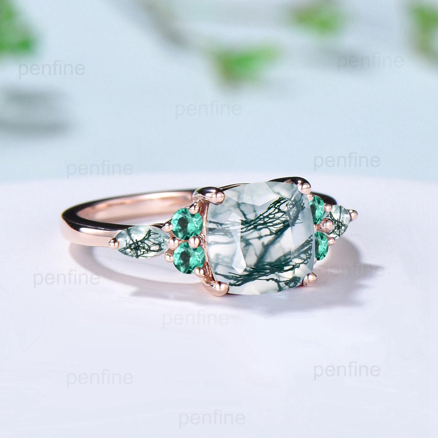 Vintage Cushion Natural Moss Agate Ring Dainty Cluster Emerald Marquise Engagement Ring Unique Art Deco Seven Stone Promise Anniversary Gift - PENFINE
